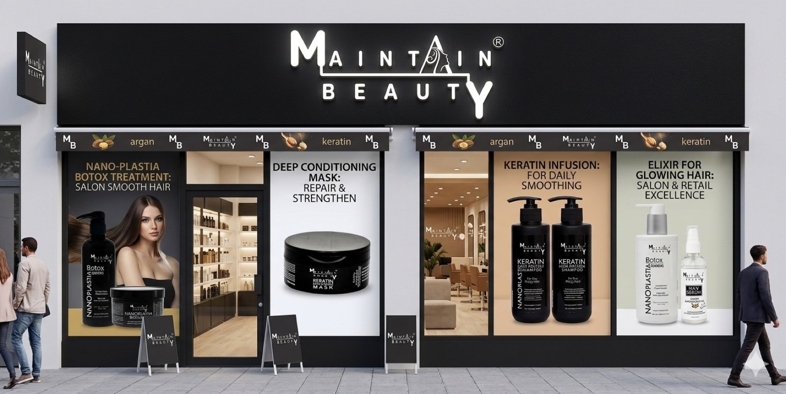 MAINTAIN BEAUTY store front displaying the Nano Plastia, keratin and argan hair-care range